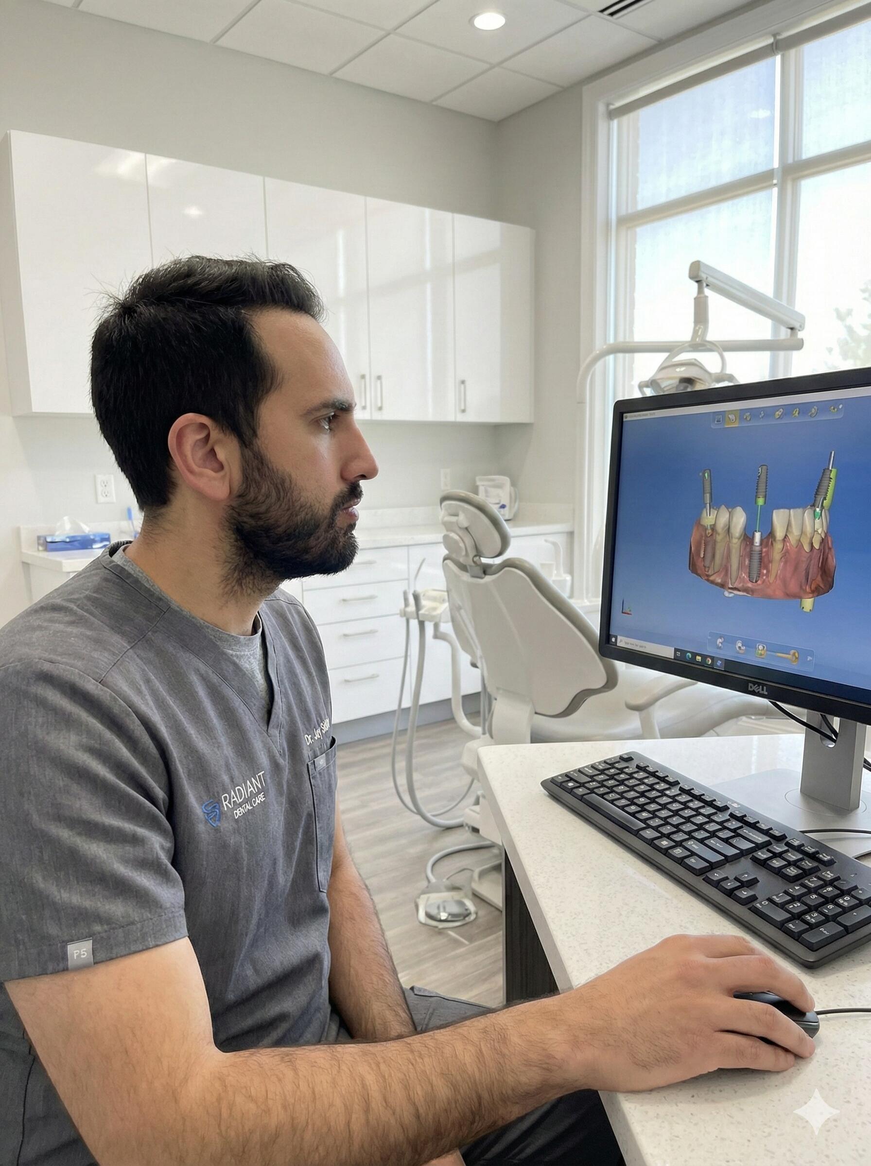 Dr. Jay Siddiqui reviewing a digital implant plan at Radiant Dental Care in Chevy Chase, MD
